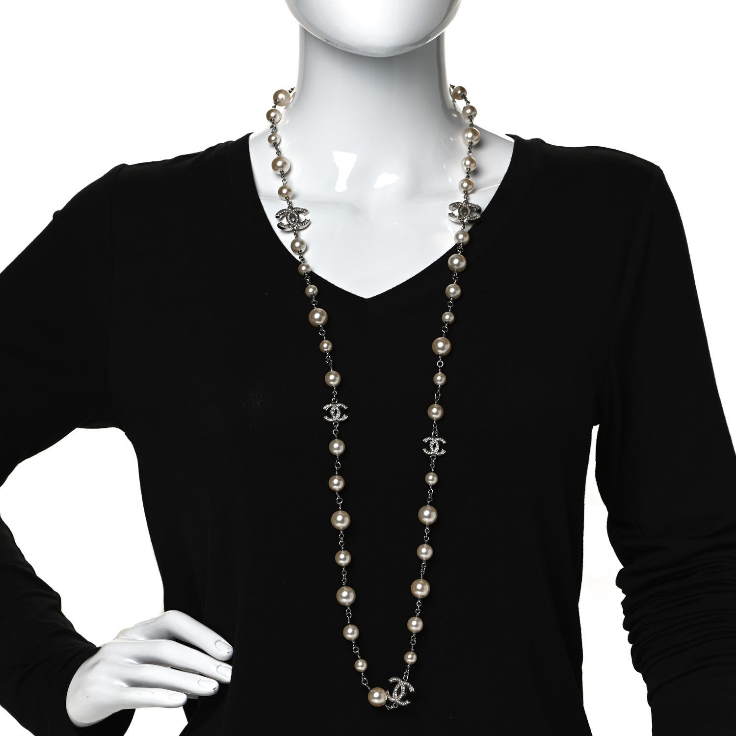 Chanel Graduated Pearl Crystal CC Long Necklace Silver 2 of 6