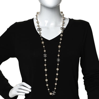 Chanel Graduated Pearl Crystal CC Long Necklace Silver 2 of 6