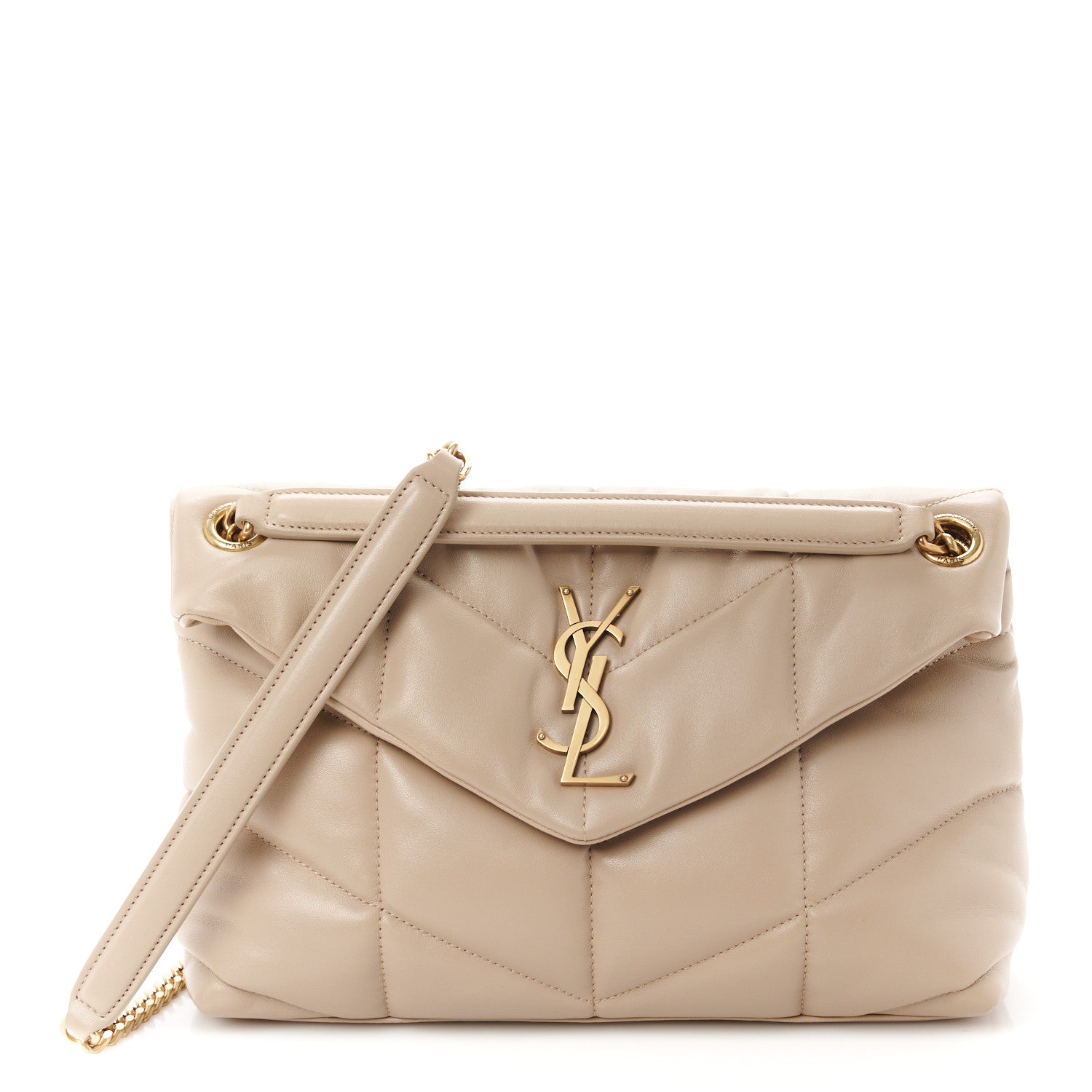 Saint Laurent Lambskin Quilted Small Loulou Puffer Monogram Chain Satchel Dark Beige 1 of 11