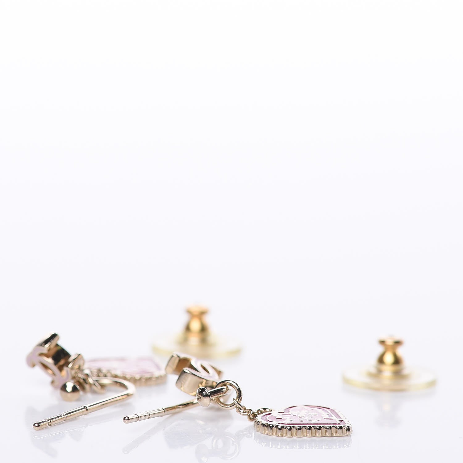 Chanel Enamel Valentine CC Heart Drop Earrings Pink Gold 3 of 4