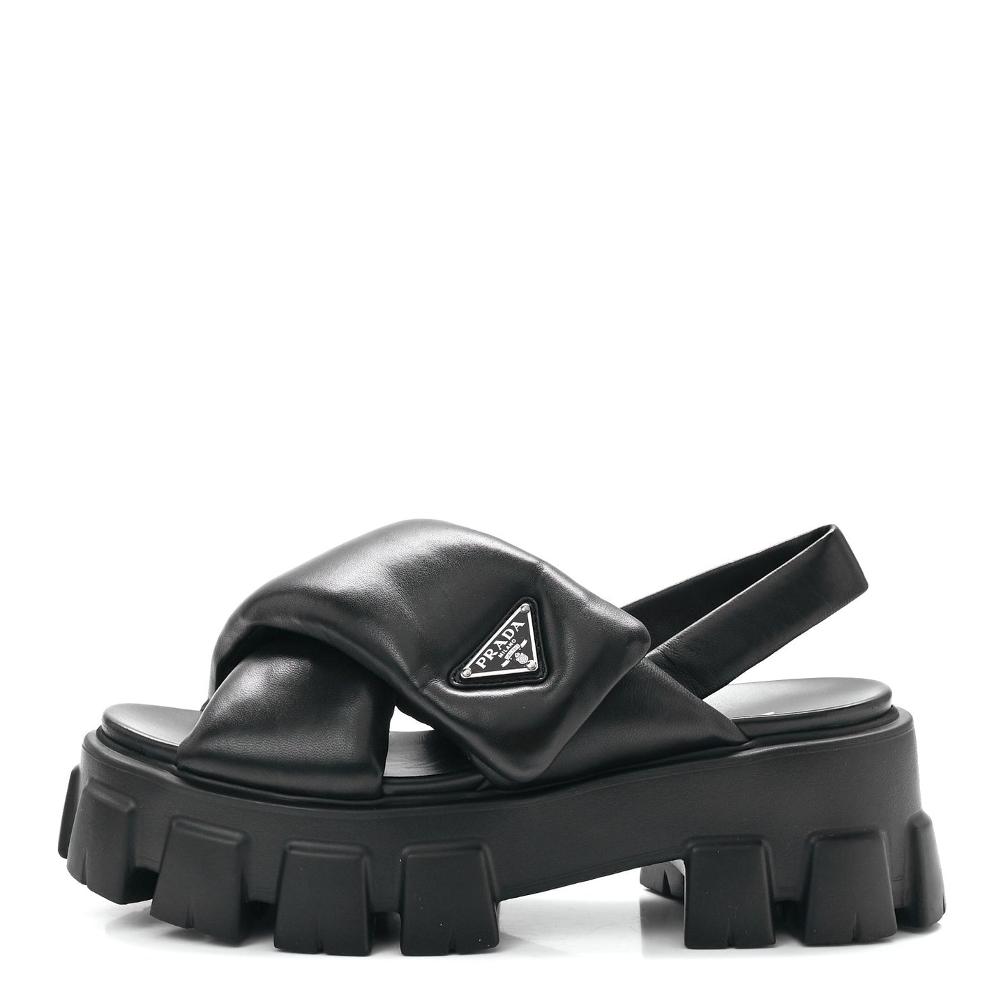 Nappa Soft Metal Triangle Logo Padded Monolith 55mm Slingback Sandals 38 Black