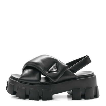 Prada Nappa Soft Metal Triangle Logo Padded Monolith 55mm Slingback Sandals 38 Black 1 of 9