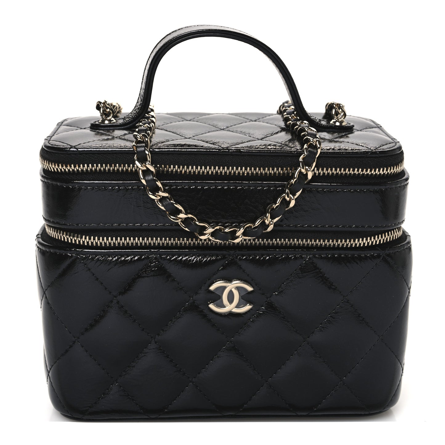 Shiny Lambskin Quilted Top Handle Vanity Case With Chain Black