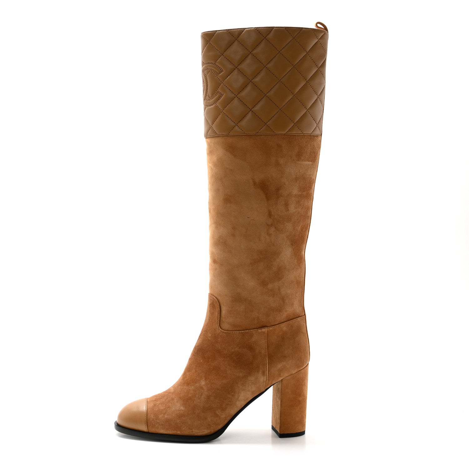 Chanel Suede Calfskin Lambskin Quilted Knee High Heel Boots 38.5 Beige 1 of 9