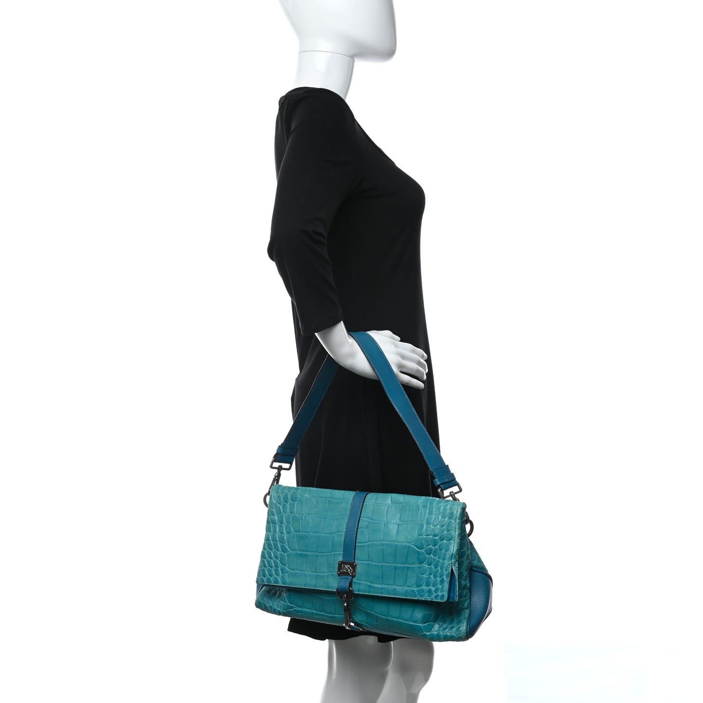 Calfskin Crocodile Embossed Shoulder Bag Blue