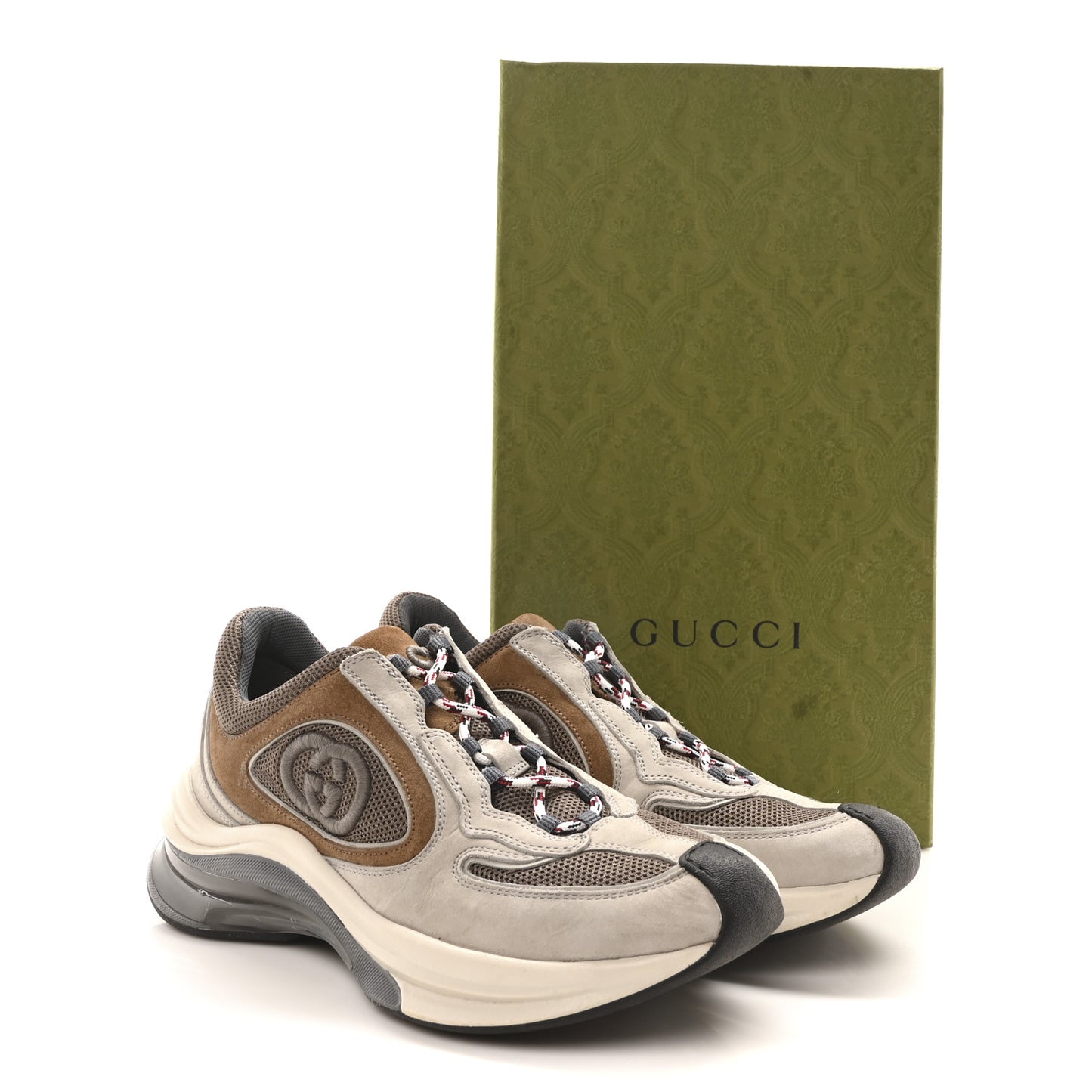 Technical Knit Fabric Suede Calfskin Womens Gucci Run Sneakers 38 Grey Sky