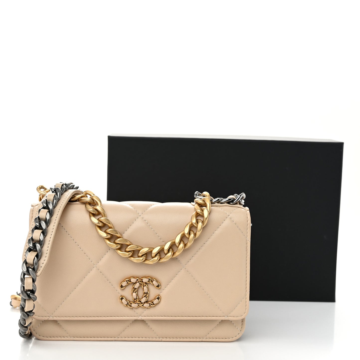 Goatskin Quilted Chanel 19 Wallet On Chain WOC Beige