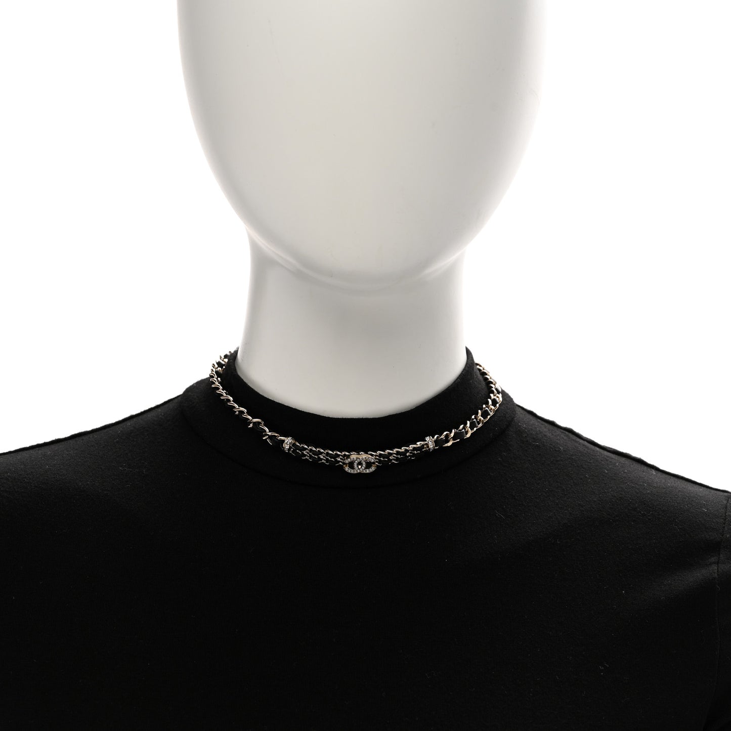 Metal Lambskin Crystal CC Choker Necklace Black Gold