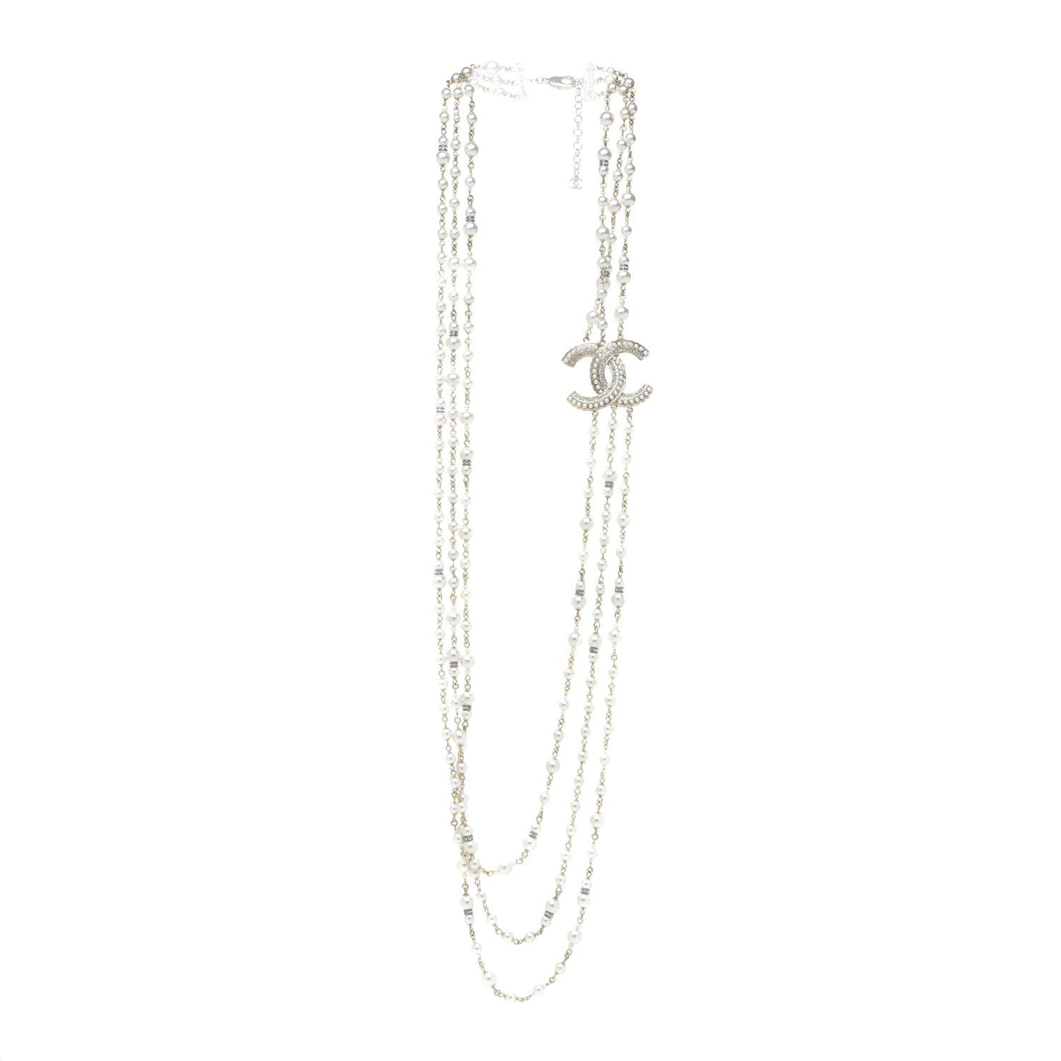 Chanel Graduated Pearl Crystal CC Multi Strand Long Necklace Gold 3 of 7