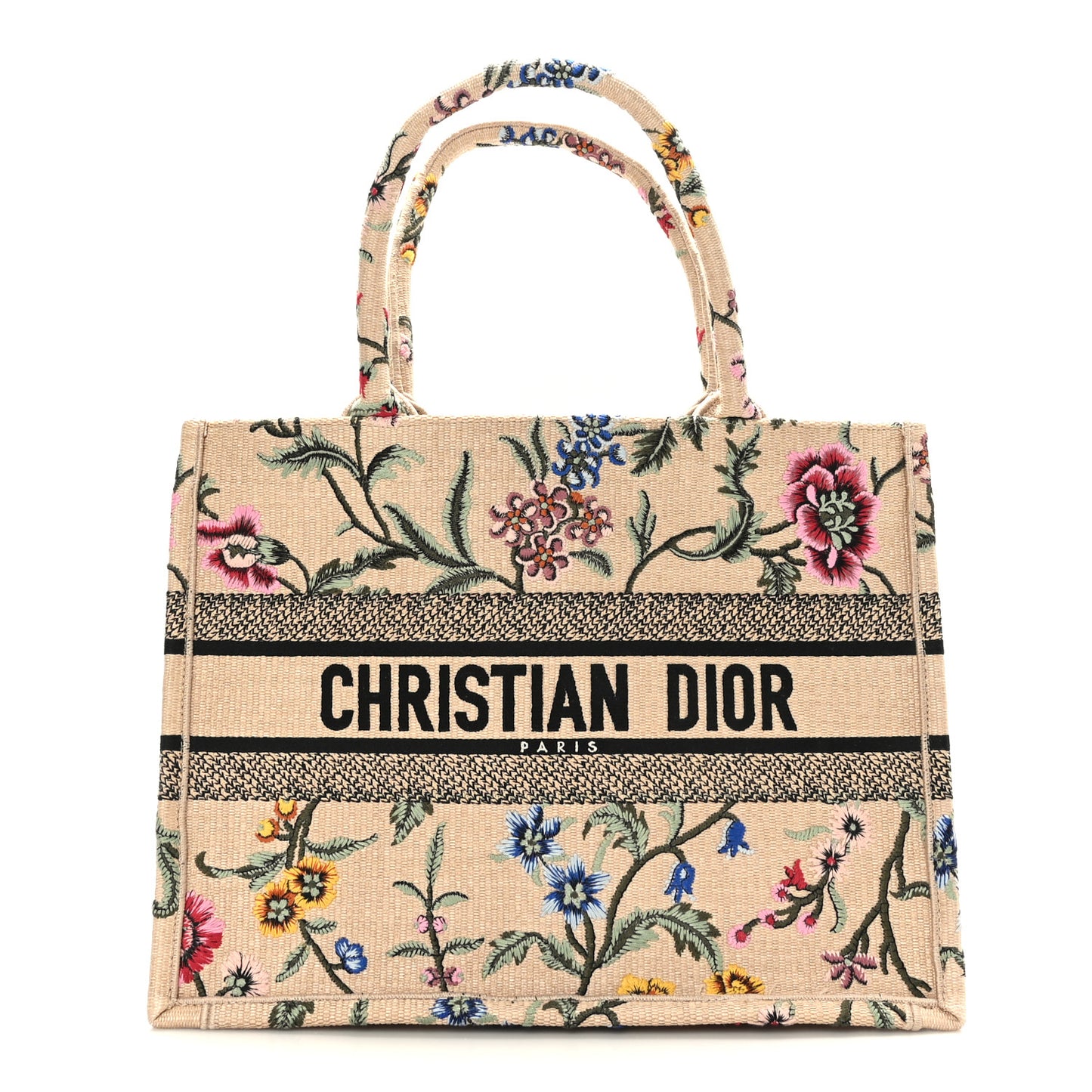 CHRISTIAN DIOR Raffia Embroidered Petites Fleurs Medium Book Tote Natural