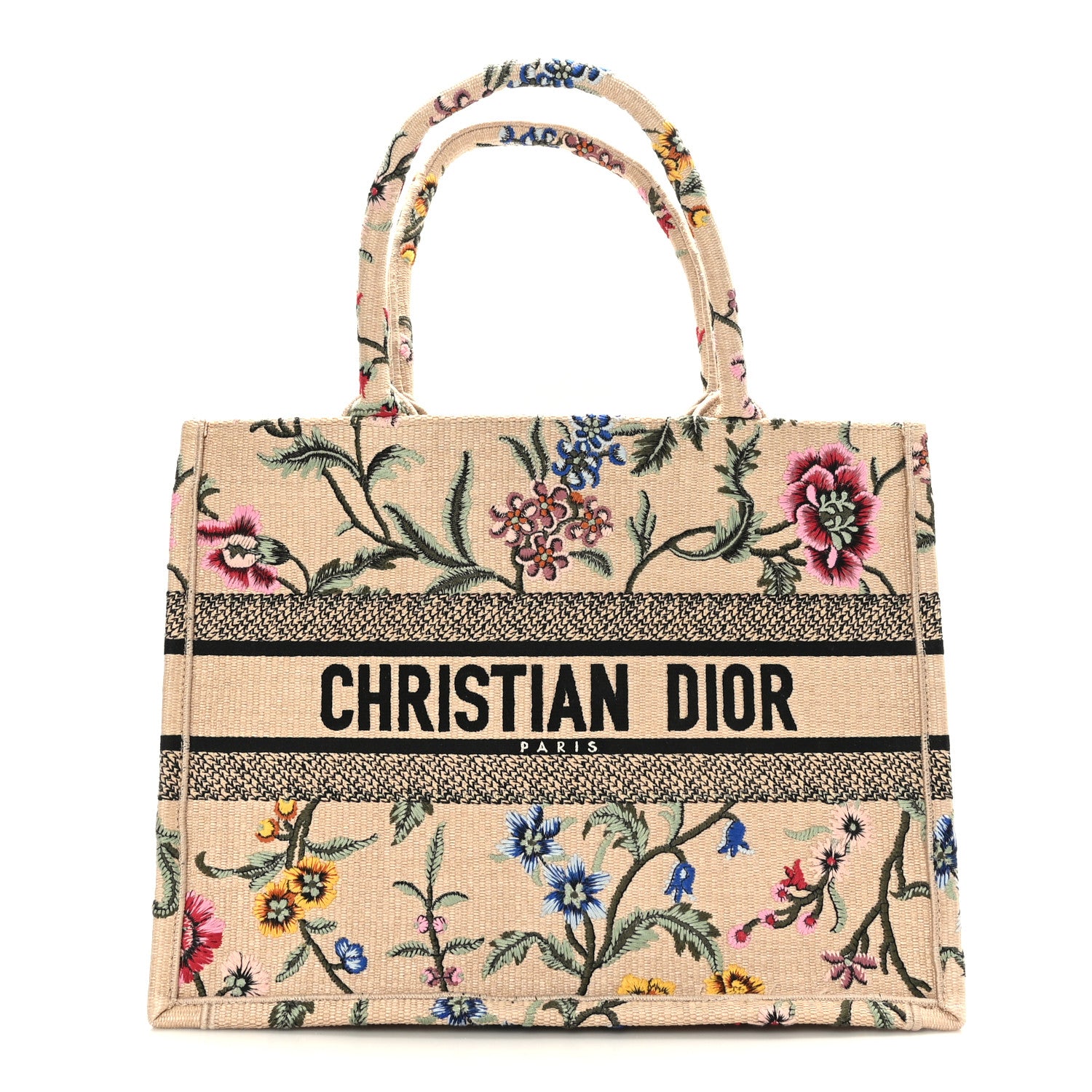 Christian Dior CHRISTIAN DIOR Raffia Embroidered Petites Fleurs Medium Book Tote Natural 1 of 9