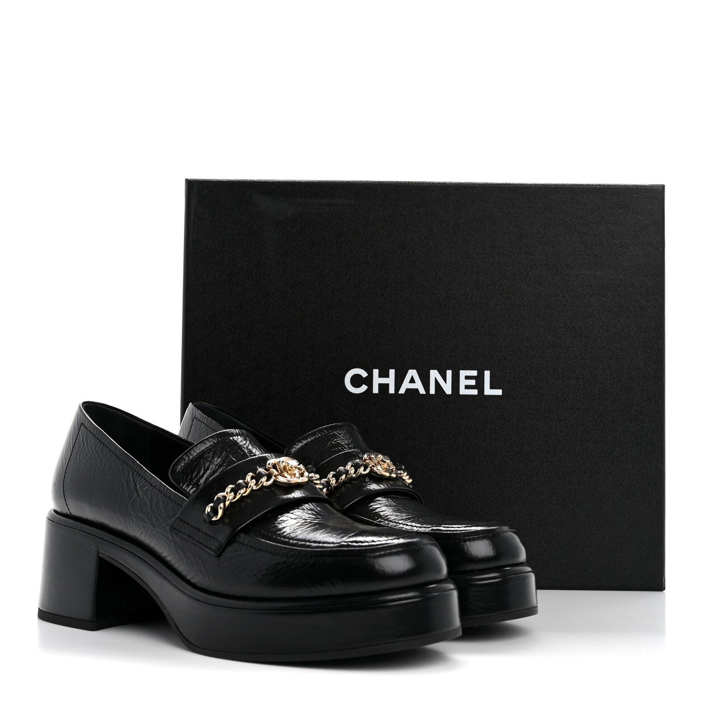 Shiny Calfskin Logo Loafers 37 Black