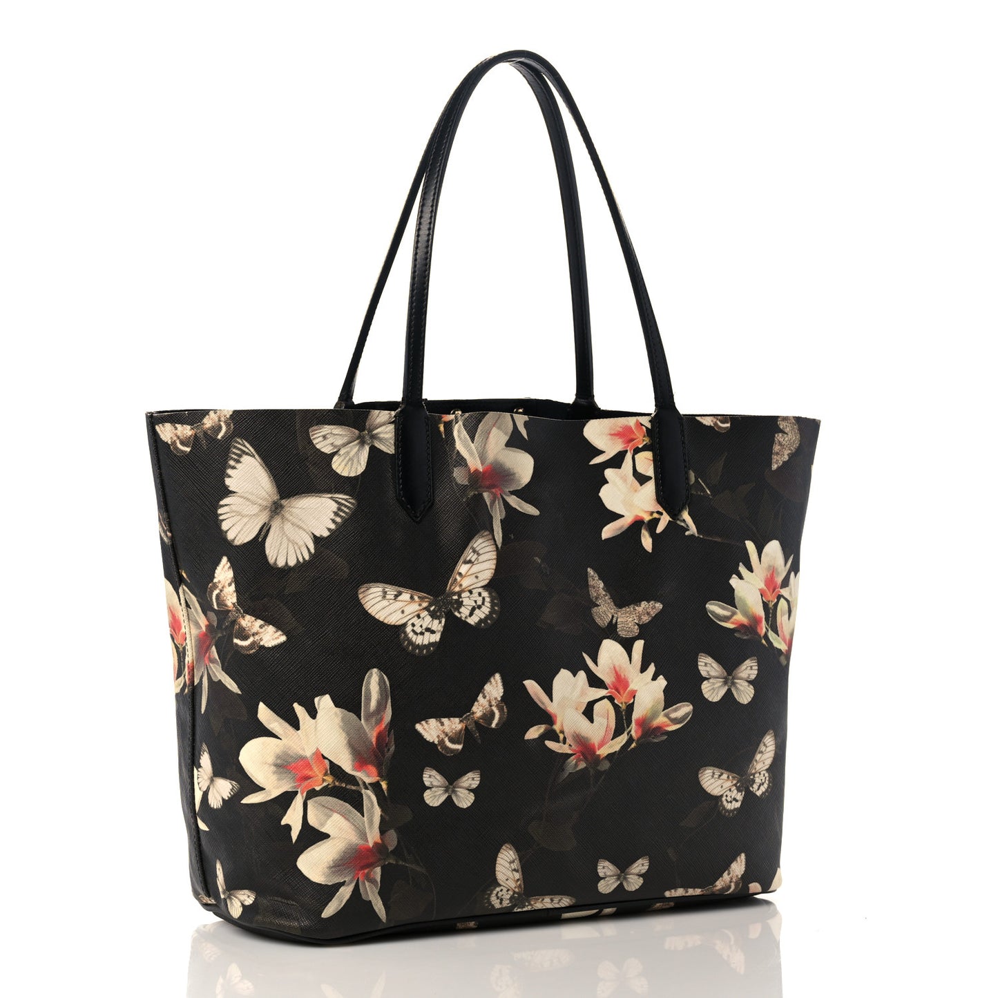 Coated Canvas Magnolia and Moth Print Medium Antigona Tote Black