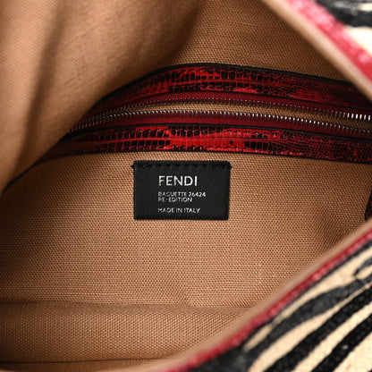 Fendi Silk Lizard Raffia Embroidery Tiger Print Baguette Re Edition 26424 Black Natural Dark Red 6 of 10