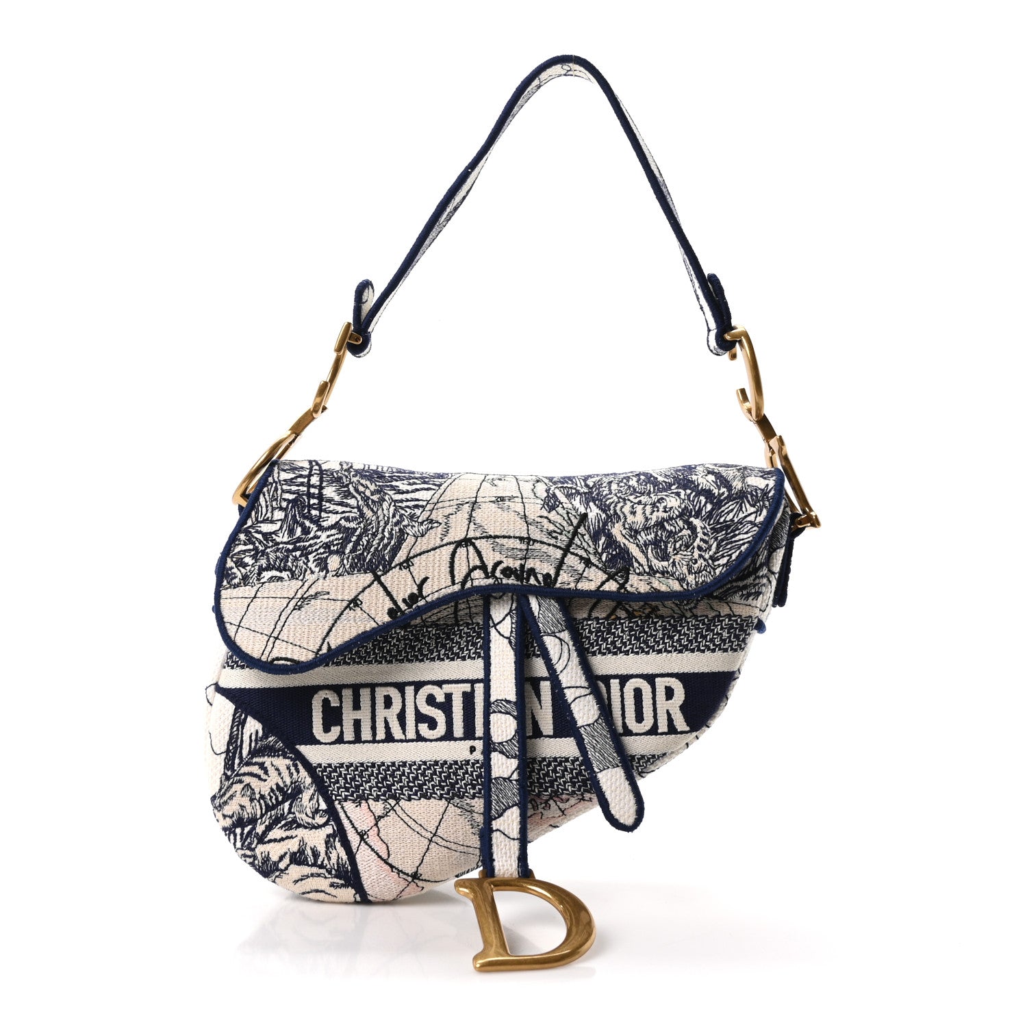 Christian Dior Canvas Embroidered Around the World Saddle Bag Blue 1 of 11