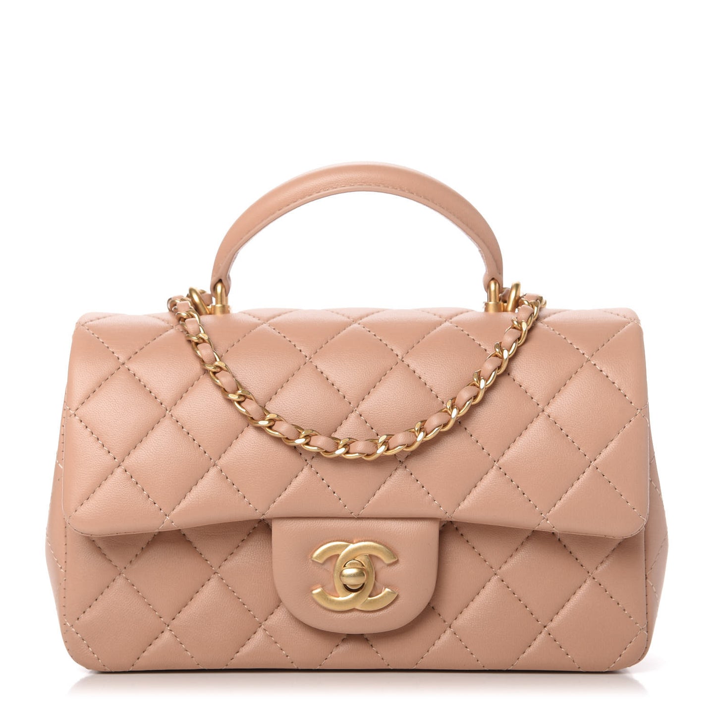 Lambskin Quilted Mini Top Handle Rectangular Flap Beige