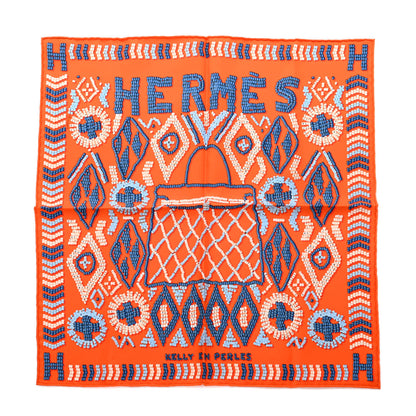 Hermes Silk Jersey Kelly En Perles Scarf 45 Orange Bleu Jean 1 of 5