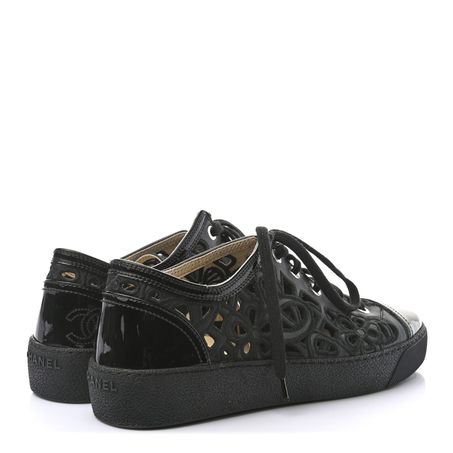 Patent Grained Goatskin Hollow Out Flower Sneakers 37 Black