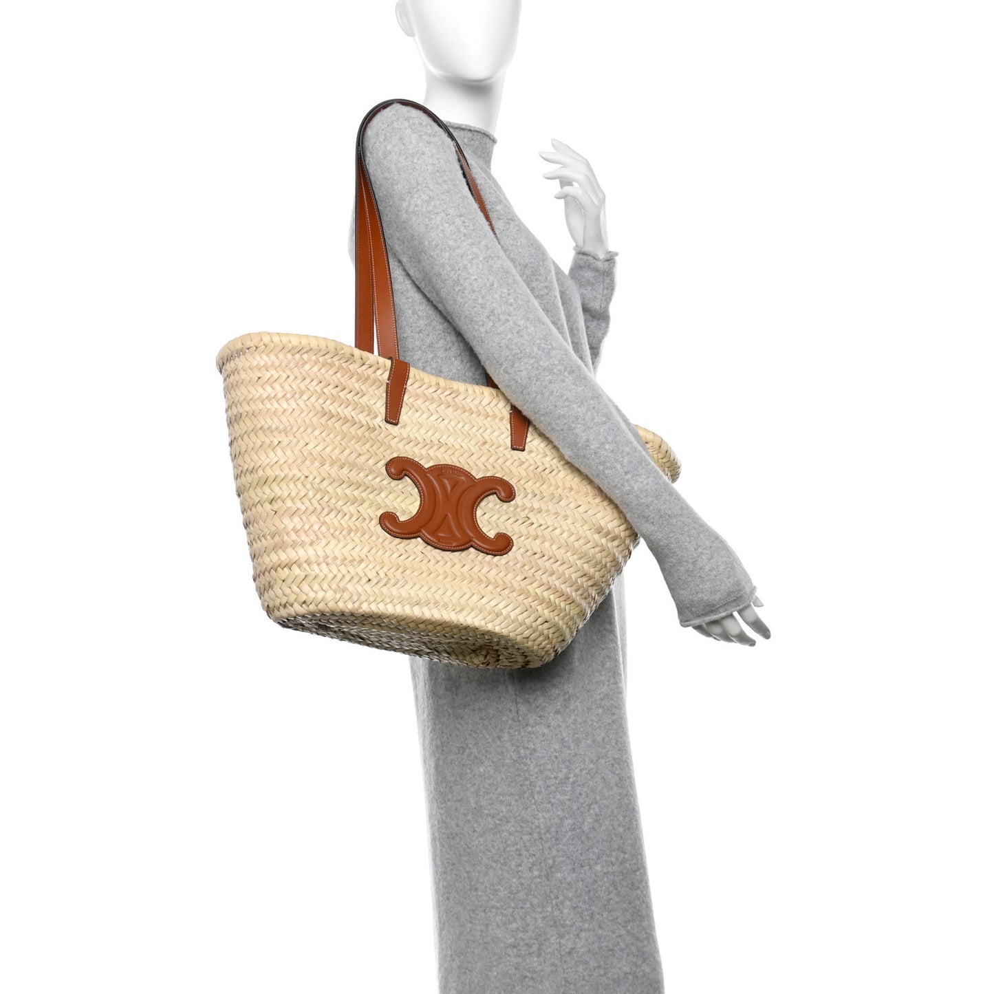 Raffia Calfskin Triomphe Medium Panier Tan