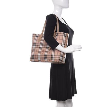 Burberry Grainy Calfskin Haymarket Check Medium Reversible Tote Camel 2 of 14