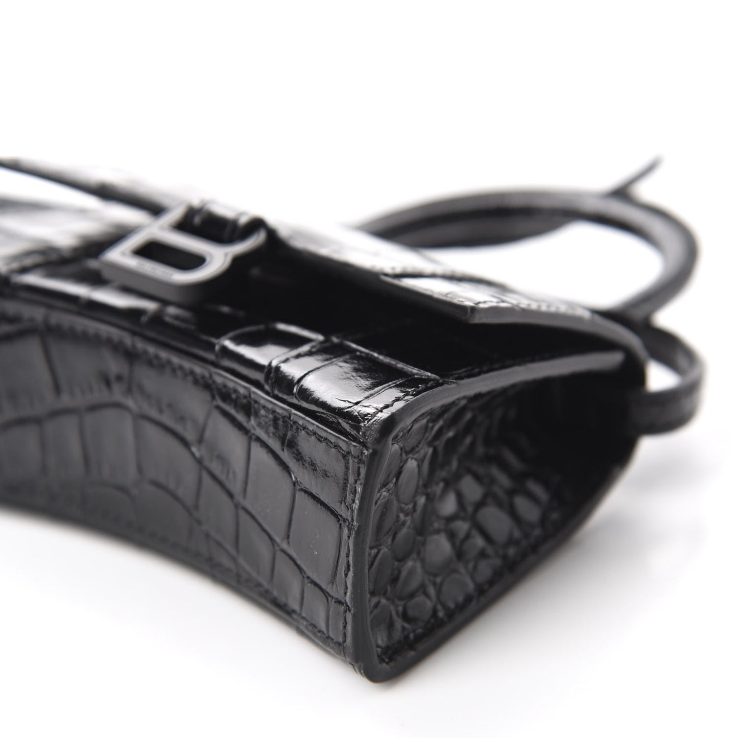 Shiny Calfskin Monochrome Crocodile Embossed Hourglass Top Handle Bag Mini Black