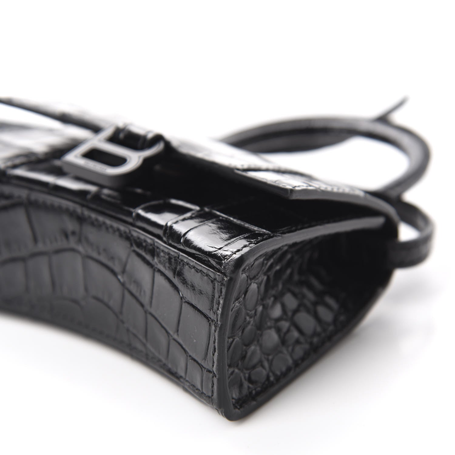 Balenciaga Shiny Calfskin Monochrome Crocodile Embossed Hourglass Top Handle Bag Mini Black 7 of 10