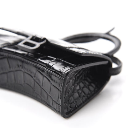Balenciaga Shiny Calfskin Monochrome Crocodile Embossed Hourglass Top Handle Bag Mini Black 7 of 10