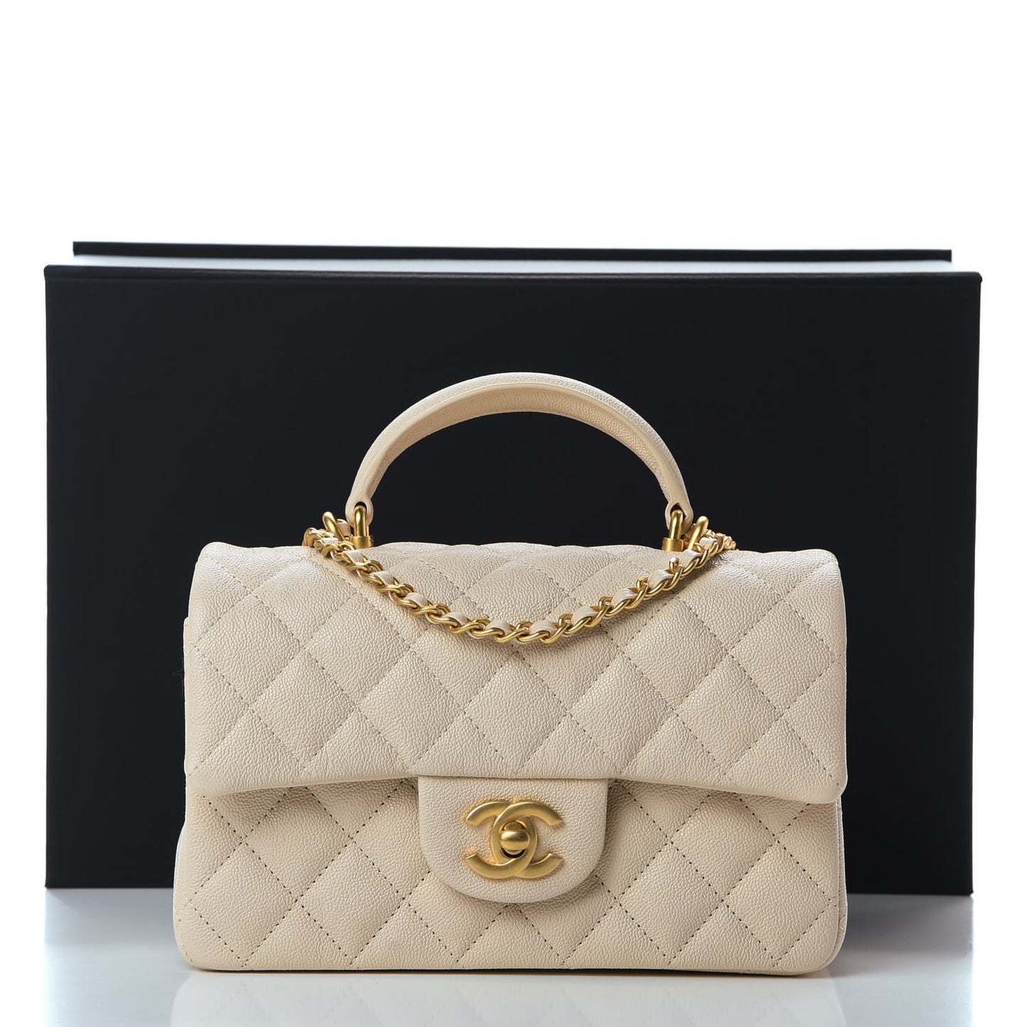 Caviar Quilted Mini Top Handle Rectangular Flap Beige