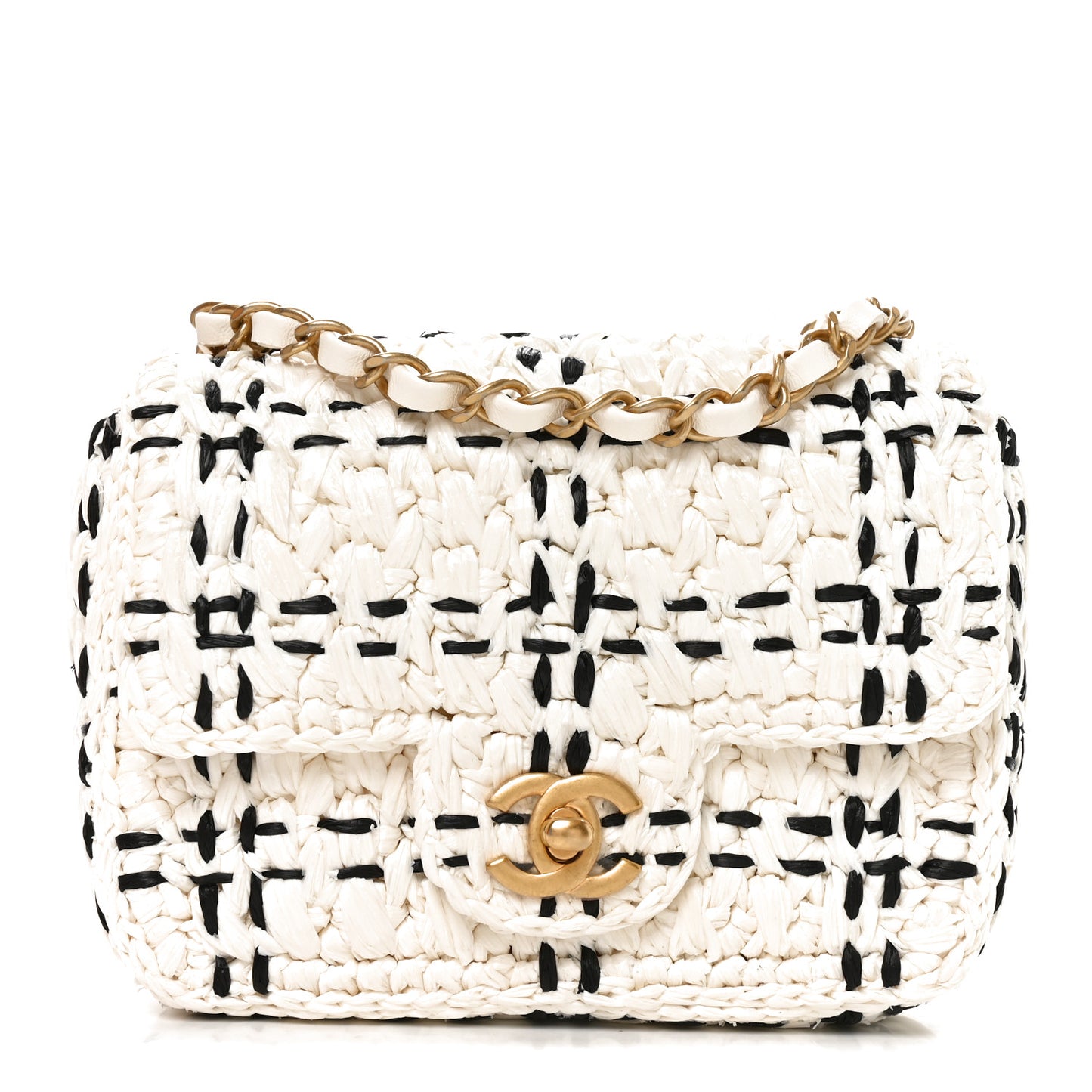Raffia Effect Tweedy Mini Flap Bag White Black