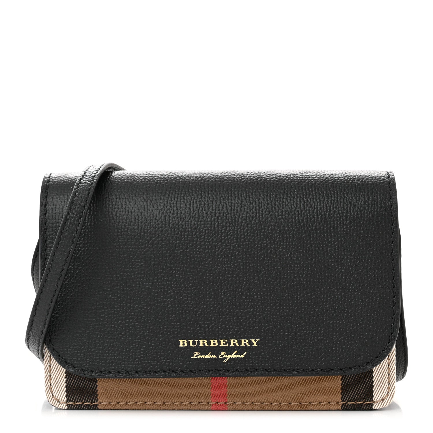 Burberry Derby Calfskin House Check Wallet On Chain Black 1 of 9