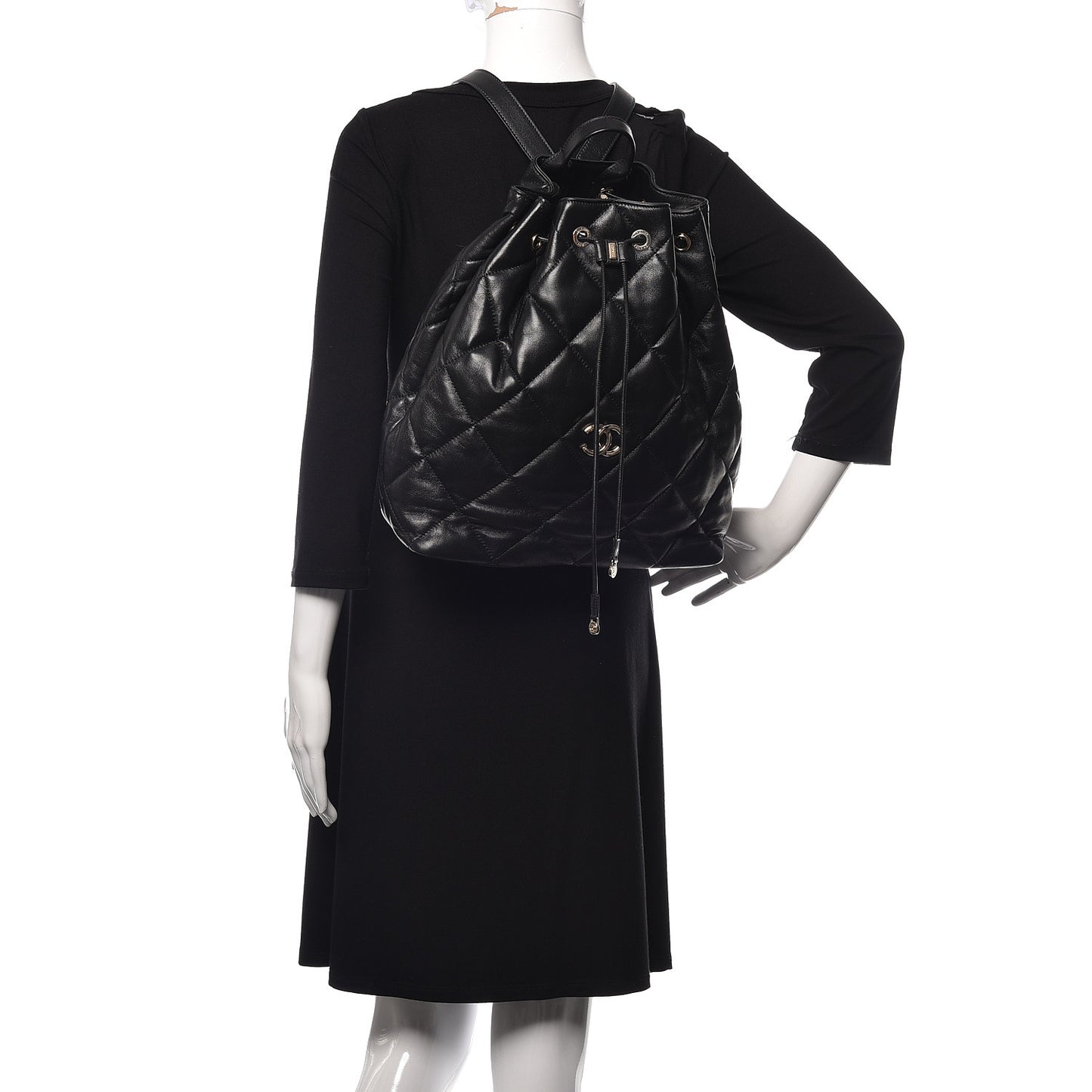 Lambskin Quilted Drawstring Backpack Black