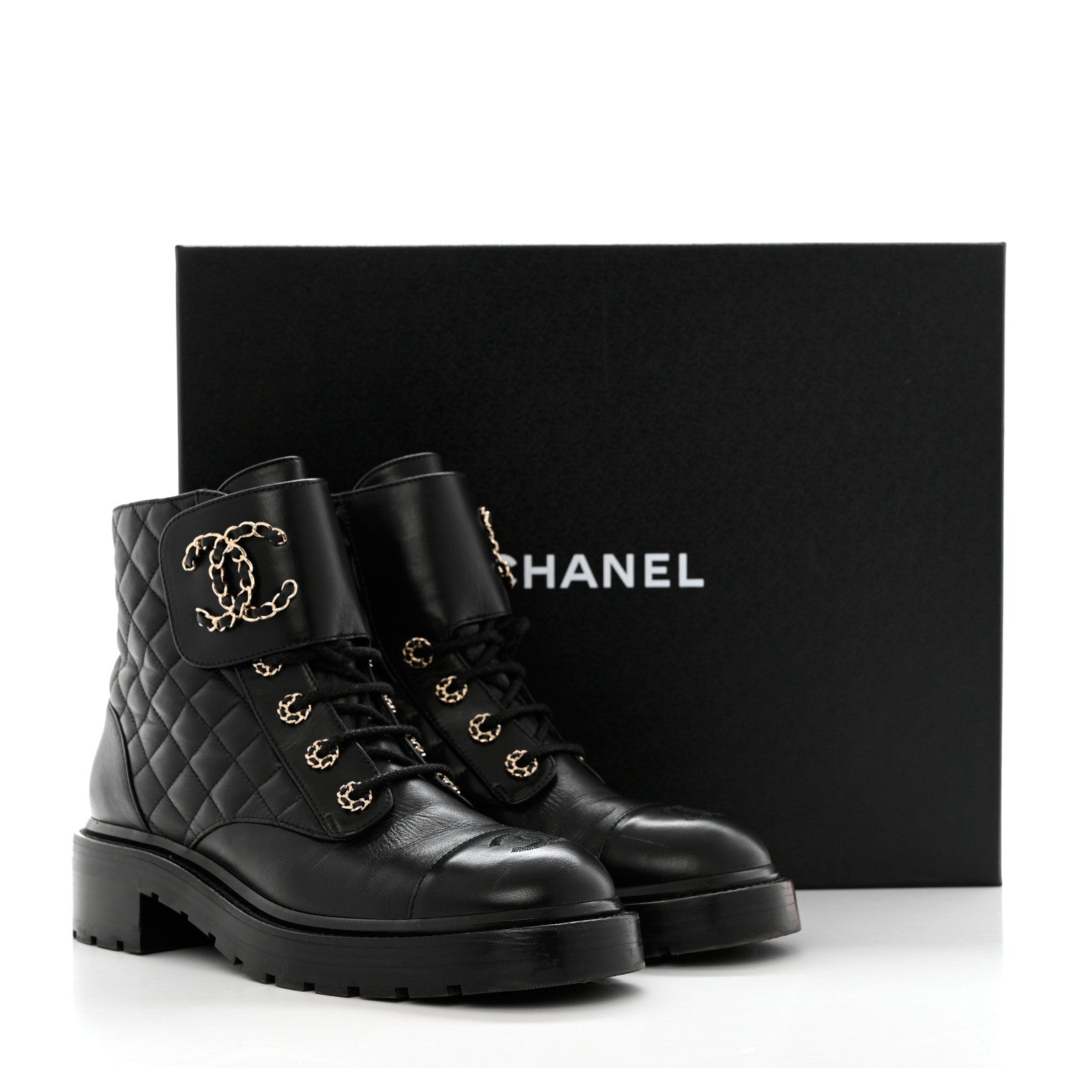 Chanel Shiny Lambskin Quilted Lace Up Combat Boots 40 Black 9 of 9