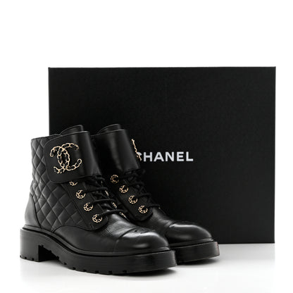 Chanel Shiny Lambskin Quilted Lace Up Combat Boots 40 Black 9 of 9