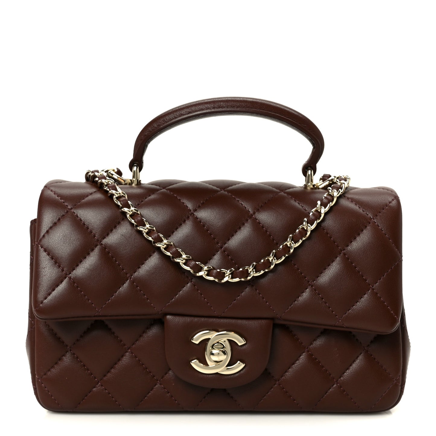 Lambskin Quilted Mini Top Handle Rectangular Flap Dark Brown