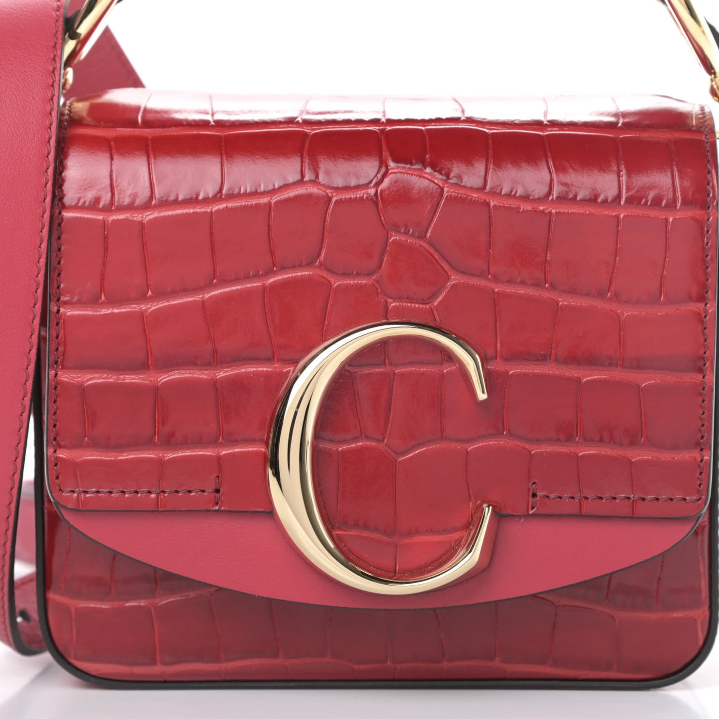 Calfskin Crocodile Embossed Mini C Double Carry Dusky Red