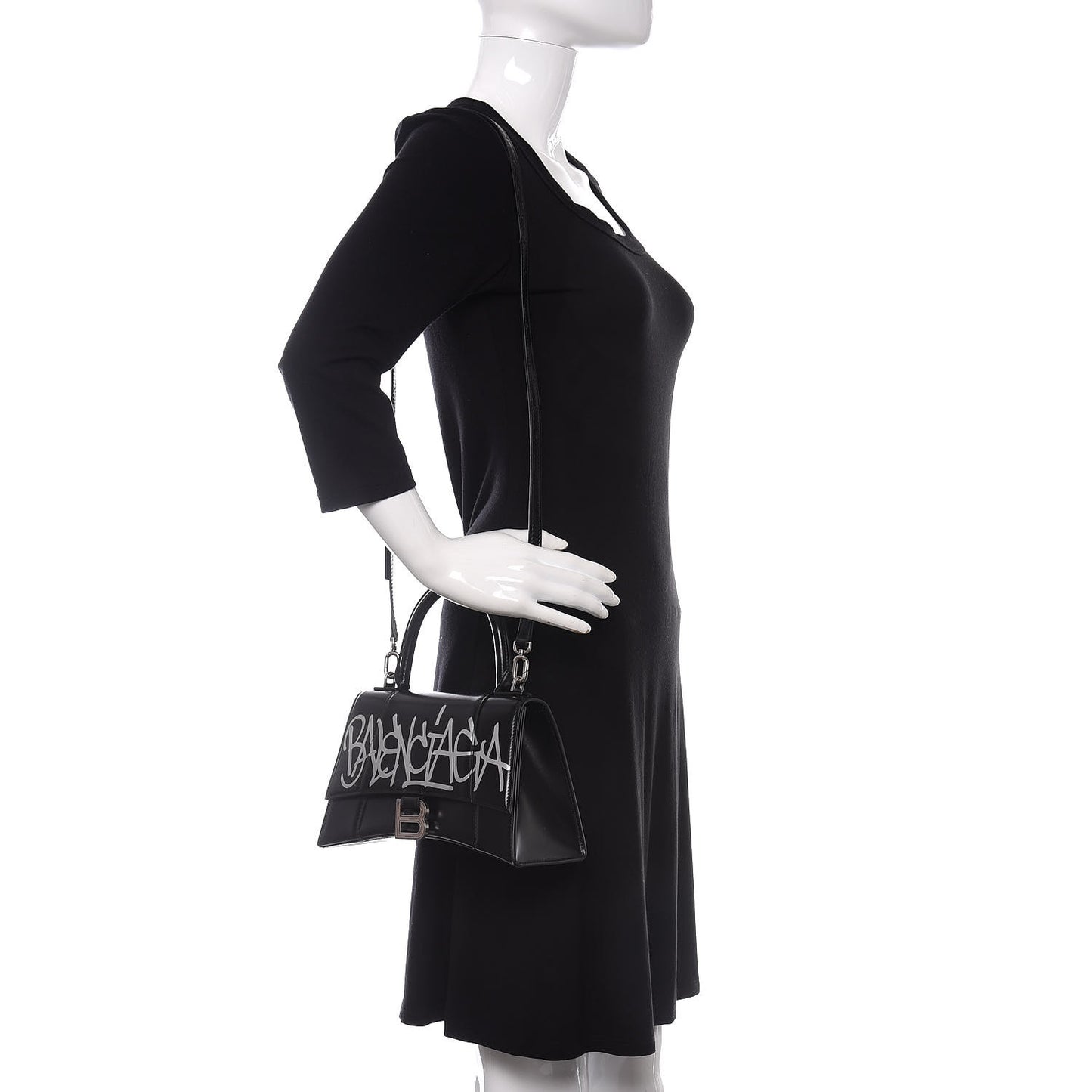 Shiny Box Calfskin Graffiti Logo Small Hourglass Top Handle Bag Black Silver