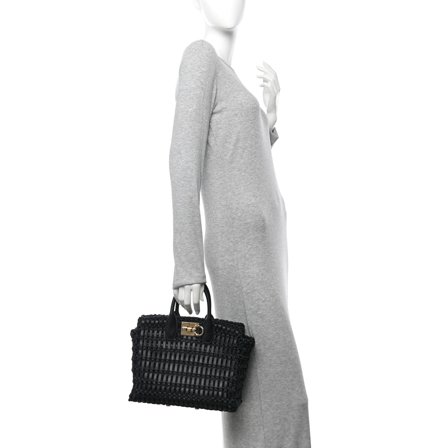 Salvatore Ferragamo Raffia Calfskin The Studio Box Tote Black 2 of 10