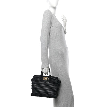 Salvatore Ferragamo Raffia Calfskin The Studio Box Tote Black 2 of 10