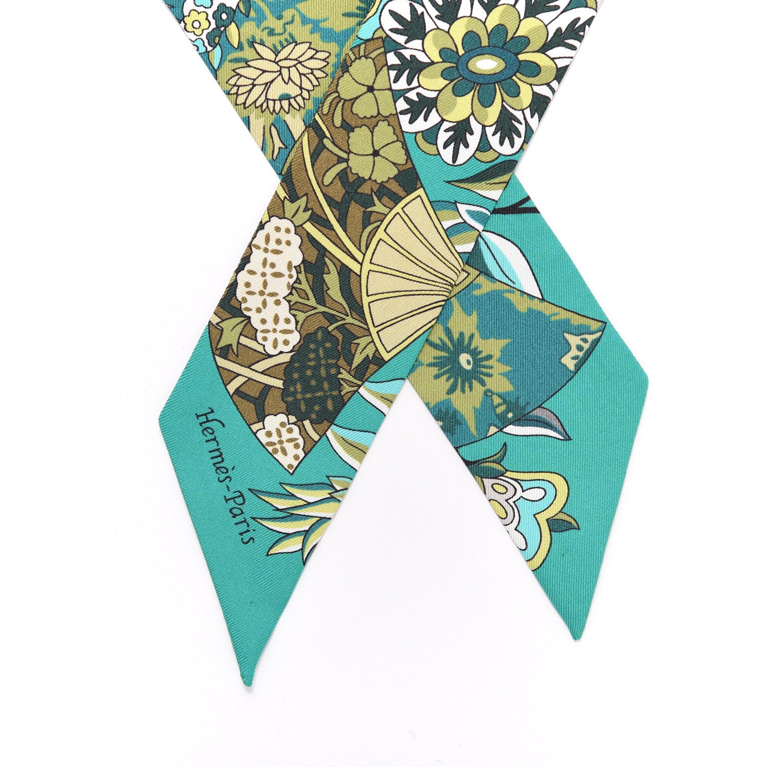 Hermes Silk Fleurs et Papillons de Tissus Twilly Vert Kaki Bronze 2 of 4