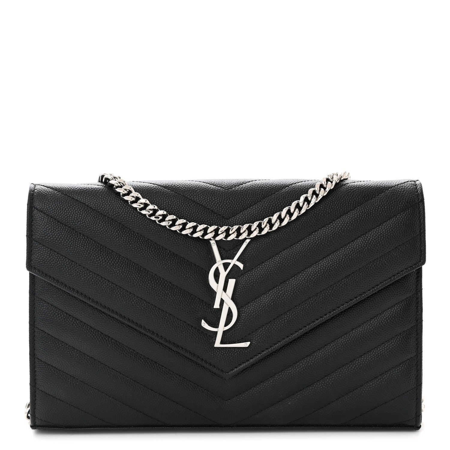 Saint Laurent Grain De Poudre Matelasse Chevron Monogram Chain Wallet Black 1 of 10