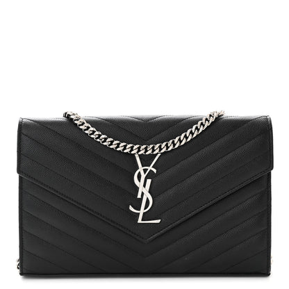 Saint Laurent Grain De Poudre Matelasse Chevron Monogram Chain Wallet Black 1 of 10