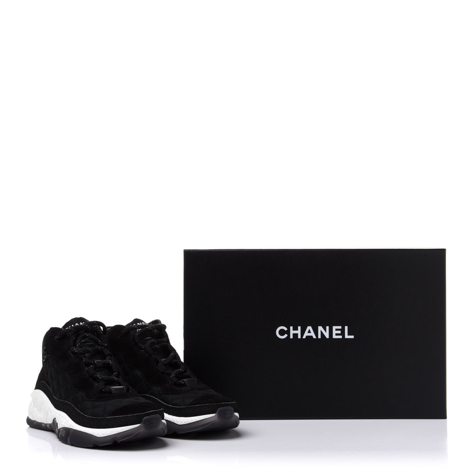 Chanel Fabric Suede Calfskin Womens CC Sneakers 38 Black White 10 of 10