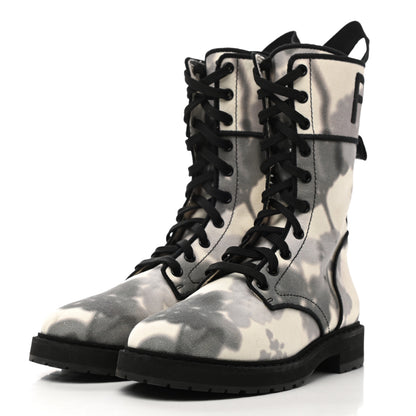 Fendi Canvas Floral Print Logo Bi-Color Womens Biker Boots 37 White Black 3 of 11