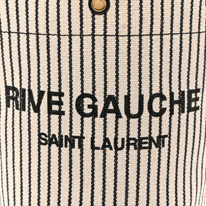 Saint Laurent Linen Calfskin Striped Rive Gauche Bucket Bag Grey Cream Black 8 of 10