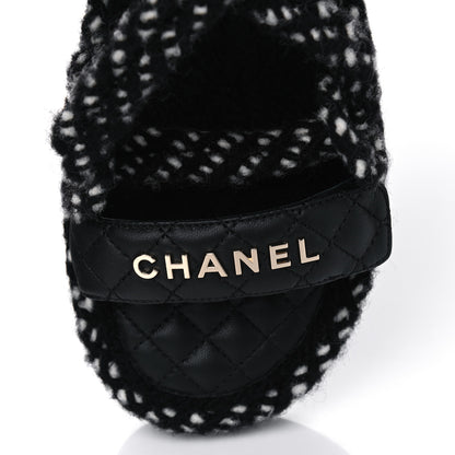 Chanel Cord Lambskin Quilted Logo Sandals 41 Black White 3 of 6