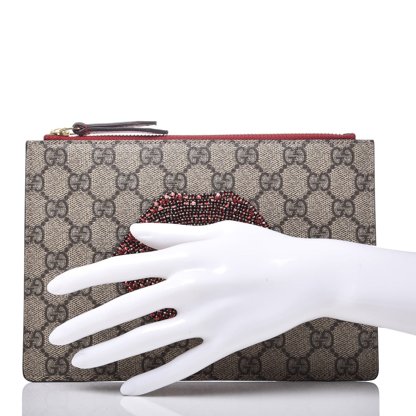 GG Supreme Monogram Merveilles Lips Zip Pouch Hibiscus Red