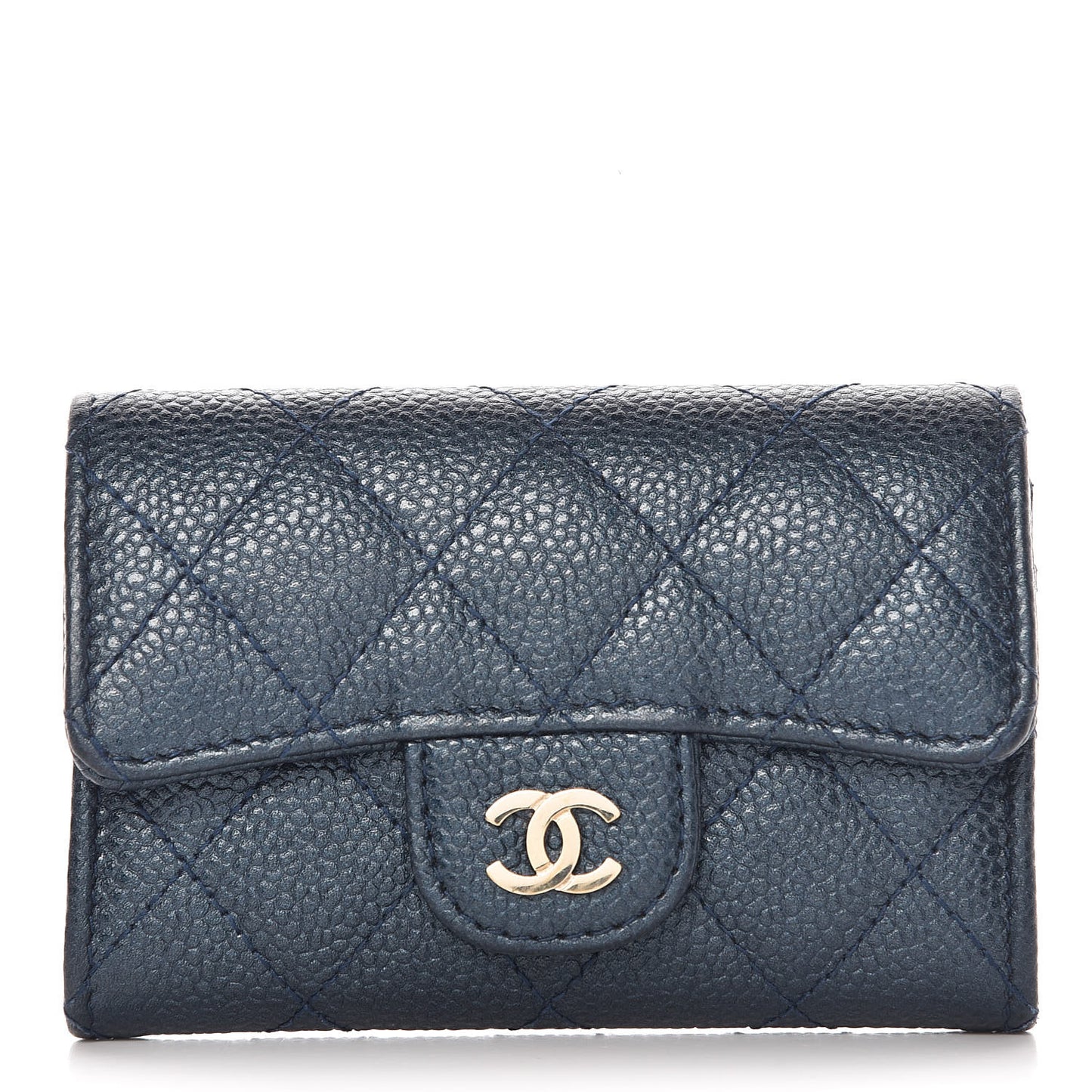 Metallic Caviar Quilted Flap Card Holder Dark Blue
