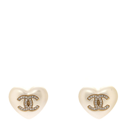 Chanel Pearl Crystal CC Heart Earrings Gold 1 of 5