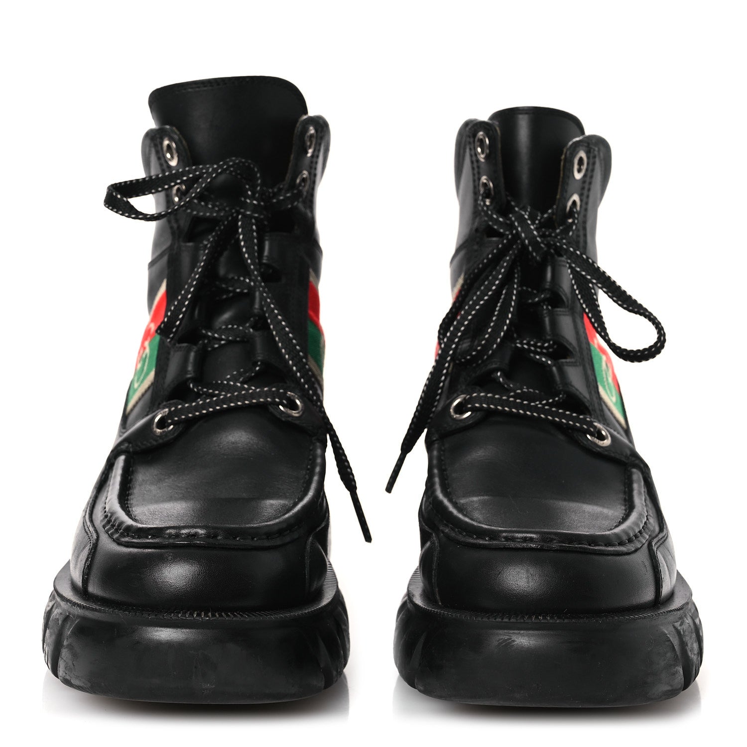 Gucci Quebec Calfskin Web Womens Interlocking G Lace Up Combat Boots 38 Black Mystic White Green Red 3 of 13