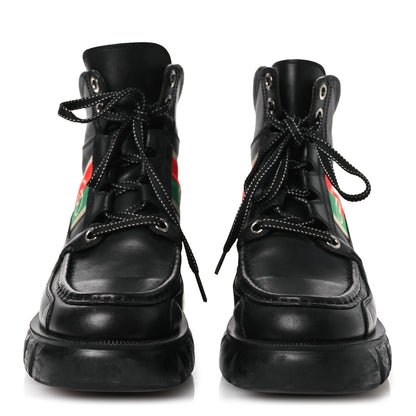 Gucci Quebec Calfskin Web Womens Interlocking G Lace Up Combat Boots 38 Black Mystic White Green Red 3 of 13
